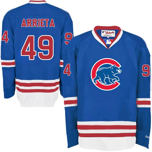 Cubs #49 Jake Arrieta Blue Long Sleeve Stitched MLB Jersey